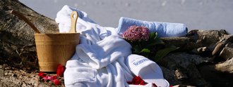 Sauna- und Wellness-Accessoires auf einem Felsen mit Blick auf den Bodensee – Bademantel, Handtuch, Aufgusseimer und Rosenblätter im Naturambiente des Hotel Schwedi.