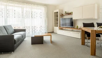 Lichtdurchfluteter Wohnraum einer Ferienwohnung im Hotel Schwedi mit Sofa, Esstisch und moderner Wohnwand – stilvoller Komfort für entspannte Tage am Bodensee.
