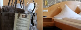 Detailaufnahme eines Gästezimmers im Hotel Schwedi mit Willkommensgeschenk, Pantoffeln und Doppelbett – liebevoller Empfang in stilvollem Ambiente.